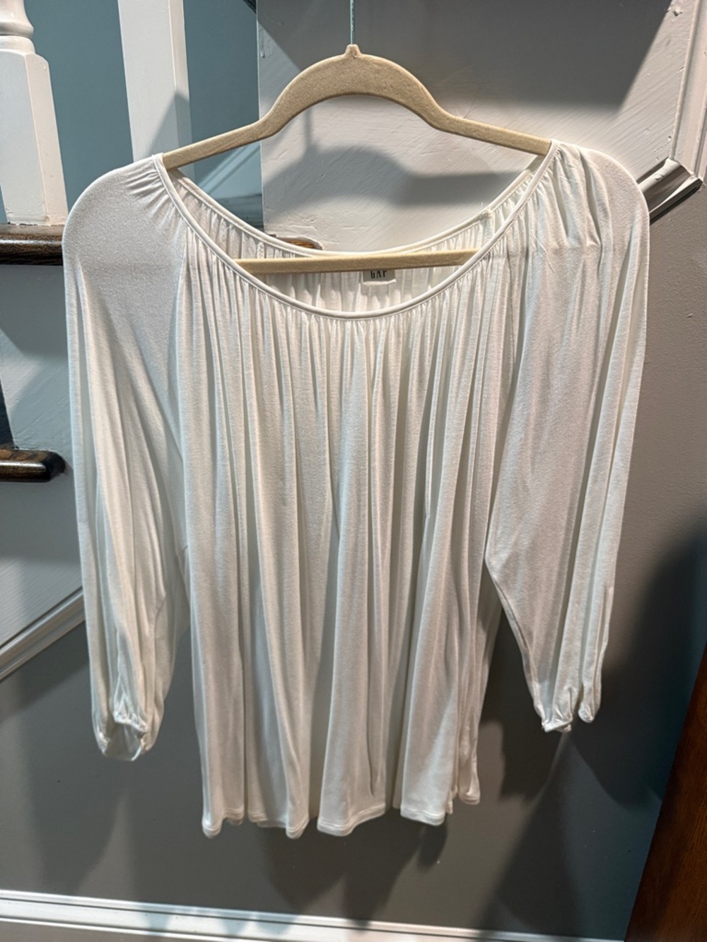 GAP White Gathered Neck 3/4 Sleeve Blouse